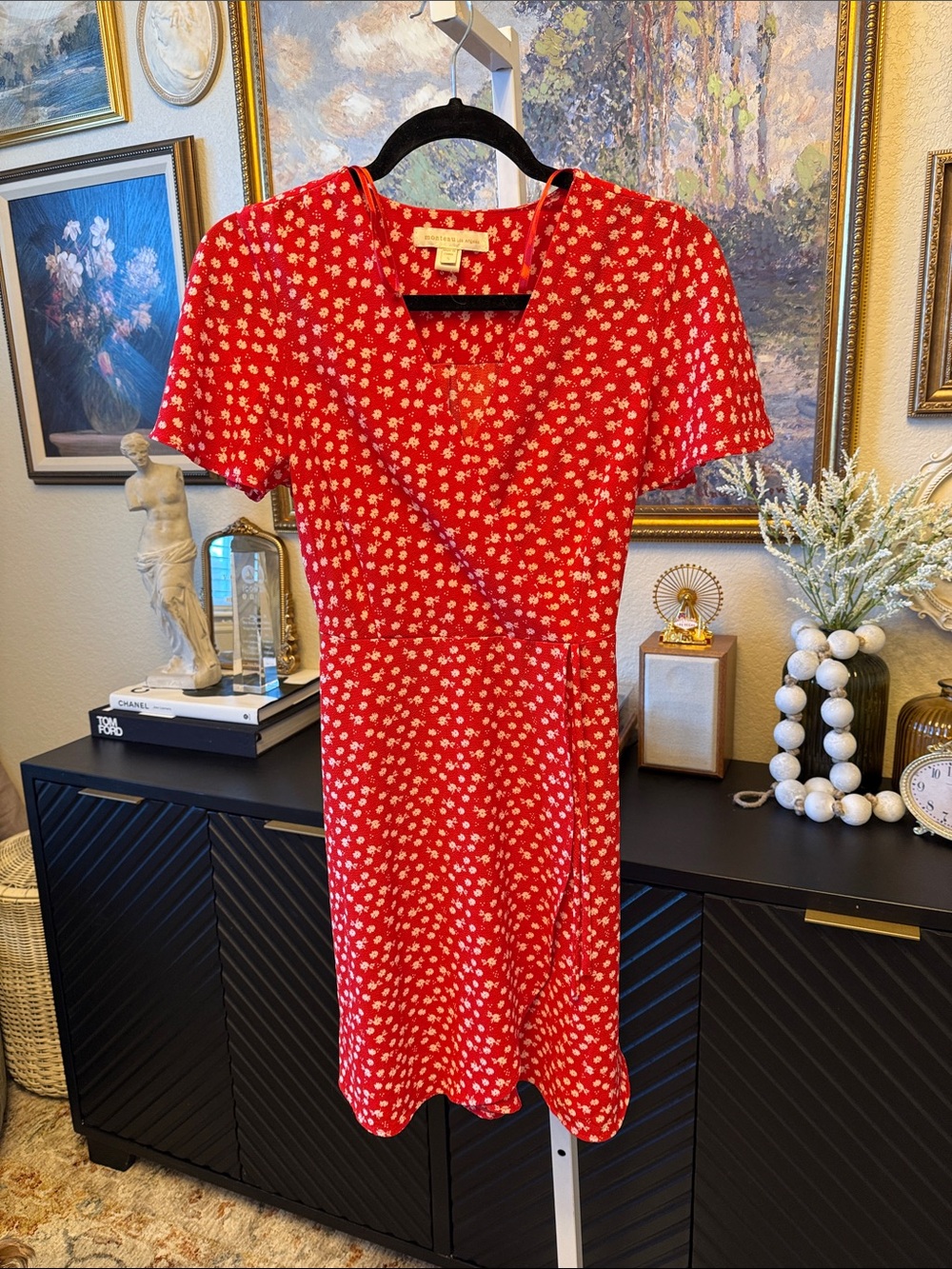 Red Floral Wrap Dress with V-Neck